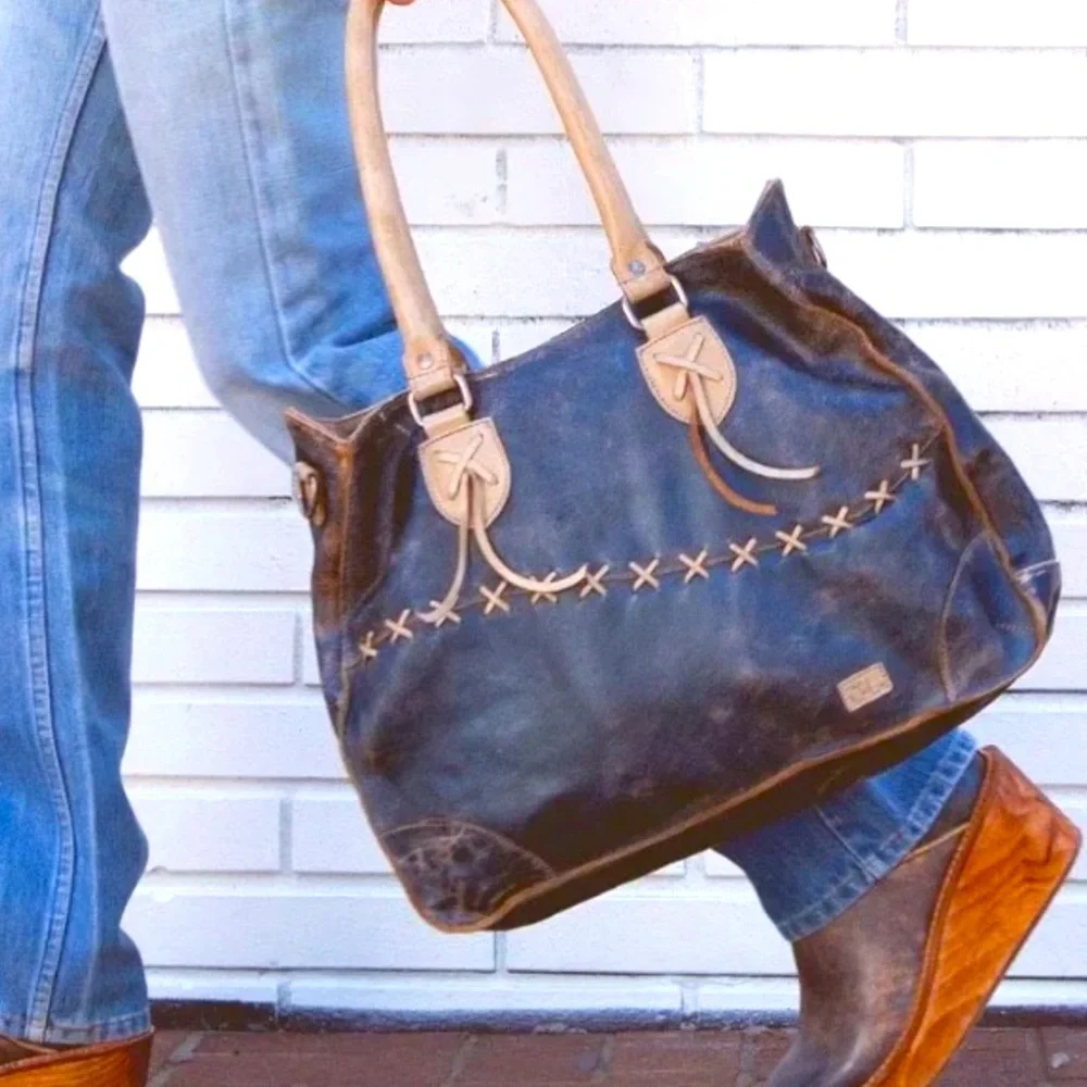 Bed Stu Bag. Stylish Blue and Tan Leather Tote Bag - Picture 6 of 7